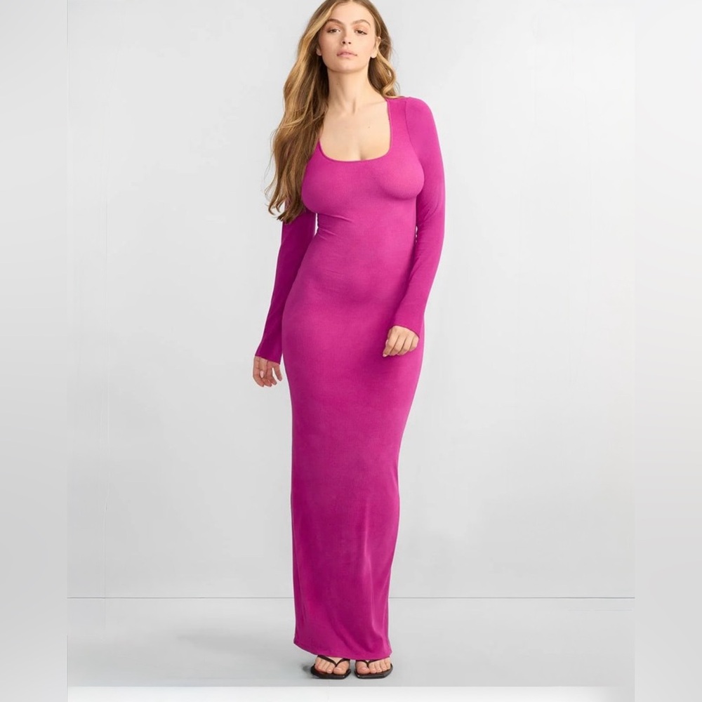 Bare Necessities Ribbed Knit Dress Long Sleeve Scoop Neck Maxi Dress Magenta L